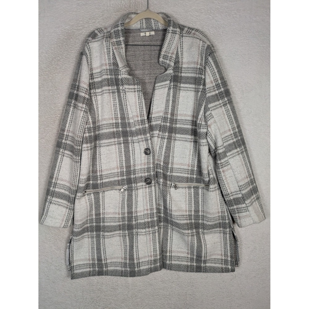 Maurices Plaid Coatigan Jacket Women's L Gray Pink Button Front Zip Pocket